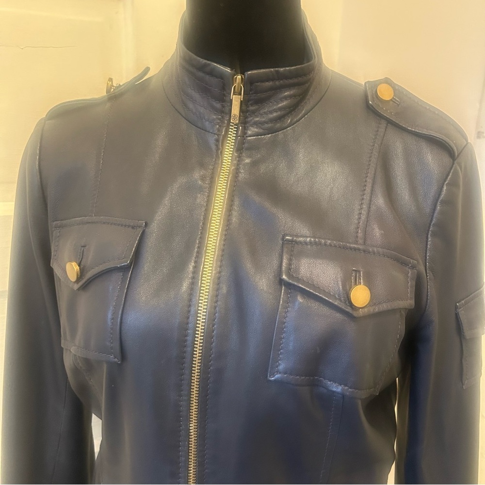 TORY BURCH Lamb Leather Navy Leather Moto Jacket Utility Quiet Luxury Coquette - Picture 2 of 11